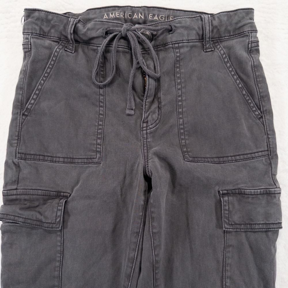 American Eagle Hi Rise Jegging 10 LONG Gray Cargo Pockets Drawstring Utility - Picture 2 of 14